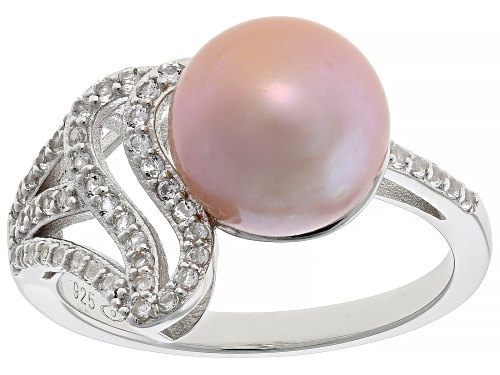 Genusis™ 9mm Peach Cultured Freshwater Pearl With White Topaz Rhodium Over Sterling Silver Ring - Size 12