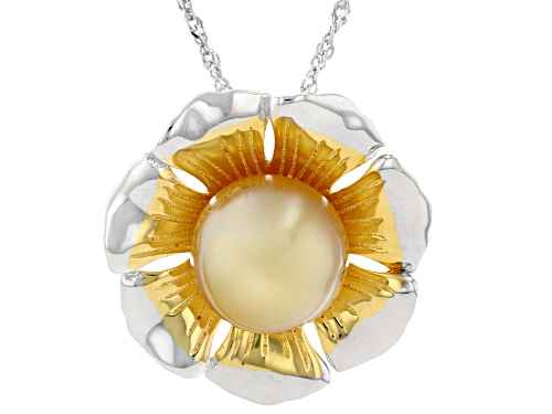 10mm Golden Cultured South Sea Pearl Rhodium & 18k Gold Over Silver Two-Tone Pendant With Chain