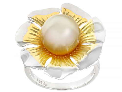 10mm Golden Cultured South Sea Pearl Rhodium & 18k Yellow Gold Over Sterling Silver Two-Tone Ring - Size 12
