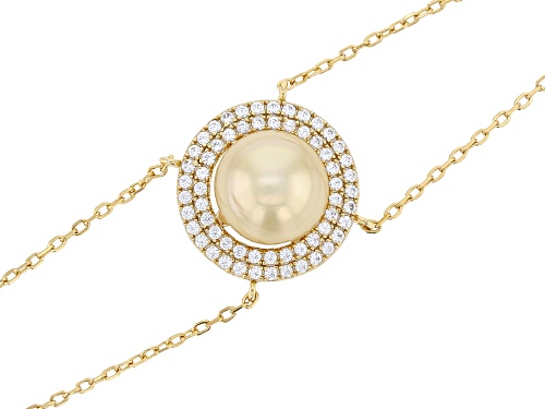 10mm Golden Cultured South Sea Pearl With White Zircon 18k Yellow Gold Over Silver Bracelet