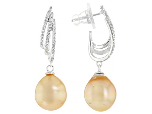 10mm Golden Cultured South Sea Pearl With White Topaz Rhodium Over Sterling Silver Earrings