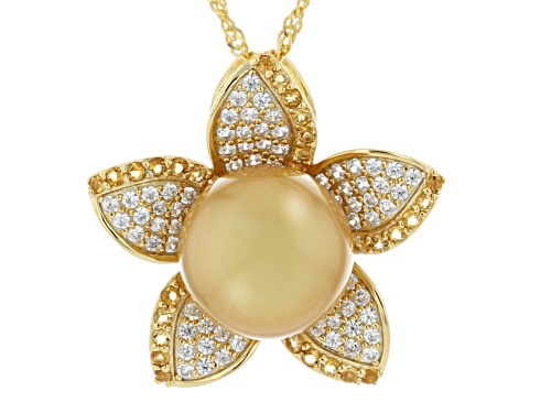 10mm Golden Cultured South Sea Pearl With Citrine & Zircon 18k Gold Over Silver Pendant With Chain