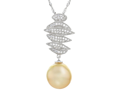 10mm Golden Cultured South Sea Pearl With Topaz Rhodium Over Sterling Silver Pendant With Chain