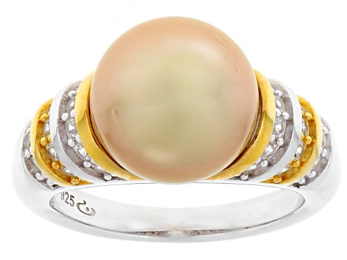 11mm Golden Cultured South Sea Pearl With Topaz 18k Gold & Rhodium Over Silver Two-Tone Ring - Size 11