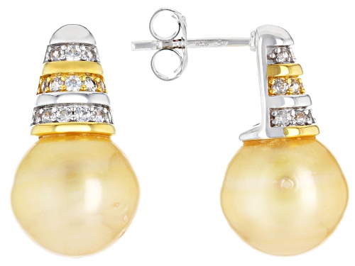 10mm Golden Cultured South Sea Pearl With Topaz Rhodium & 18k Yellow Gold Over Silver Earrings