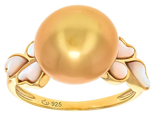 11mm Golden Cultured South Sea Pearl With South Sea Mother-Of-Pearl 18k Yellow Gold Over Silver Ring - Size 12