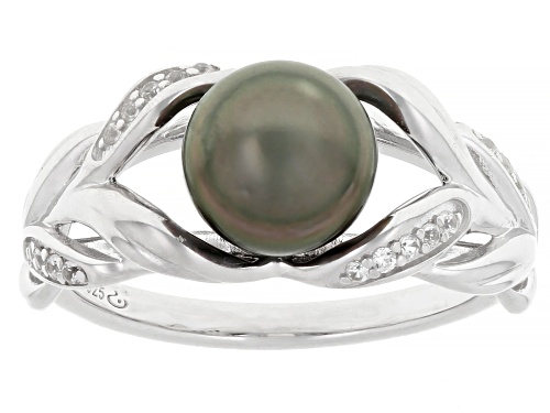 7mm Cultured Tahitian Pearl With White Topaz Rhodium Over Sterling Silver Ring - Size 11
