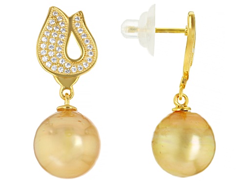 10mm Golden Cultured South Sea Pearl With White Topaz 18k Yellow Gold Over Sterling Silver Earrings