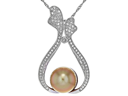 13mm Golden Cultured South Sea Pearl With Topaz Rhodium Over Sterling Silver Pendant With Chain