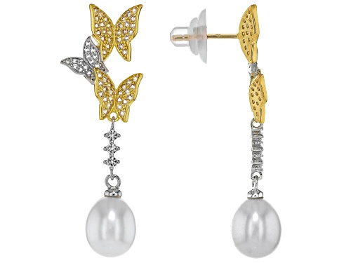 8mm White Cultured Freshwater Pearl With Topaz Rhodium & 18k Gold Over Silver Two-Tone Earrings