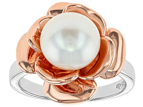 9mm White Cultured Freshwater Pearl Rhodium And 18k Rose Gold Over Sterling Silver Two-Tone Ring - Size 11