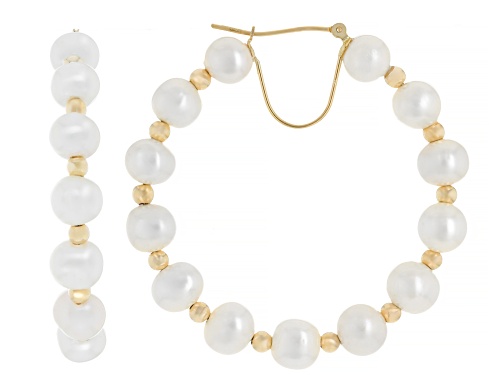 6-7mm White Cultured Freshwater Pearl 14k Yellow Gold 45mm Hoop Earrings