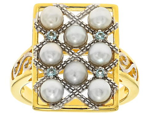3.5mm Cultured Freshwater Pearl With Swiss Blue Topaz 18K Yellow Gold Over Silver Two-Tone Ring - Size 12