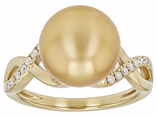 9mm Golden Cultured South Sea Pearl With 0.12ctw Moissanite Fire® 18K Gold Over Silver Ring - Size 12