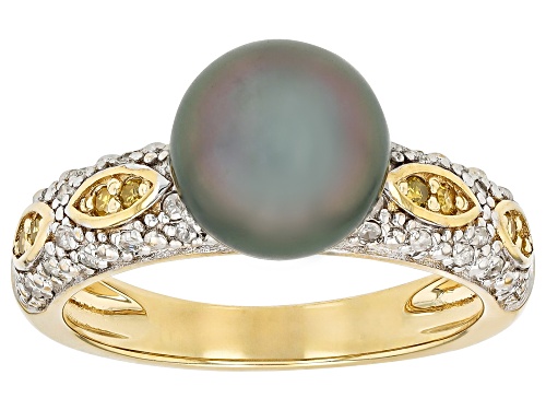 8.5mm Cultured Tahitian Pearl With 0.24ctw Canary & White Diamond 18K Yellow Gold Over Silver Ring - Size 8