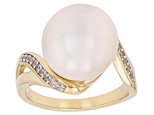 Genusis™ 12mm White Cultured Freshwater Pearl With White Zircon 18K Yellow Gold Over Silver Ring - Size 7