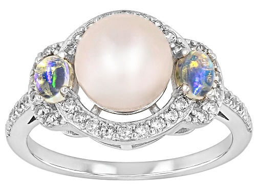 Genusis™ 7mm White Cultured Freshwater Pearl With Opal & White Zircon Rhodium Over Silver Ring - Size 9