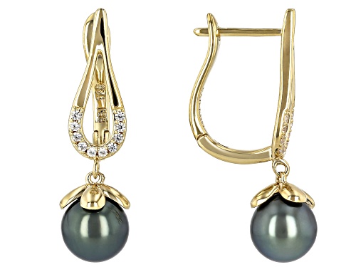 9-11mm Cultured Tahitian Pearl With White Zircon 18K Yellow Gold Over Sterling Silver Earrings