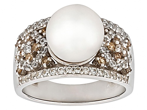 9.5mm White Cultured Freshwater Pearl With Champagne Diamond & Zircon Rhodium Over Silver Ring - Size 11