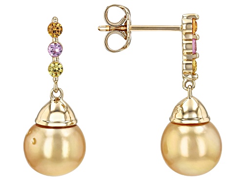 8mm Golden Cultured South Sea Pearl With Multi Color Sapphire 14K Yellow Gold Earrings