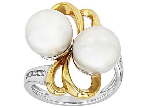 9.5mm White Cultured Freshwater Pearl With Zircon Rhodium & 18k Gold Over Sterling Silver Ring - Size 12