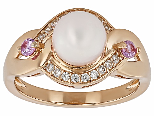 7mm Cultured Japanese Akoya Pearl With Pink Sapphire & Zircon 18K Rose Gold Over Silver Ring - Size 7