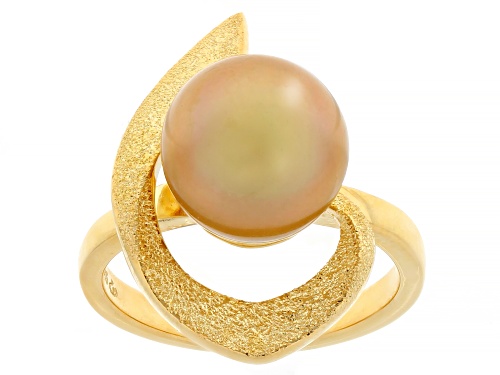 10mm Golden Cultured South Sea Pearl 18K Yellow Gold Over Sterling Silver Ring - Size 11