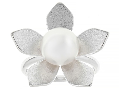 9mm White Cultured Freshwater Pearl Rhodium Over Sterling Silver Ring - Size 11