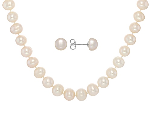 8-9mm White Cultured Freshwater Pearl Rhodium Over Silver 18 Inch Strand Necklace and Earring Set