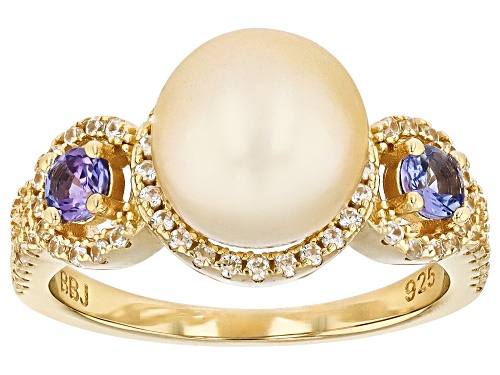 9mm Golden Cultured South Sea Pearl With Tanzanite & White Zircon 18k Yellow Gold Over Silver Ring - Size 7