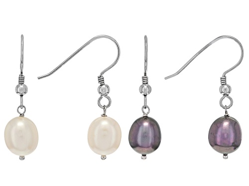 7.5mm White & Black Cultured Freshwater Pearl Rhodium Over Sterling Silver Earrings Set of 2