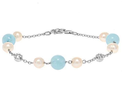 6mm White Cultured Freshwater Pearl & Aquamarine Rhodium Over Sterling Silver Bracelet