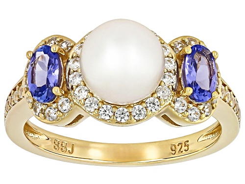 7mm White Cultured Japanese Akoya Pearl With Tanzanite & White Zircon 18K Gold Over Silver Ring - Size 7
