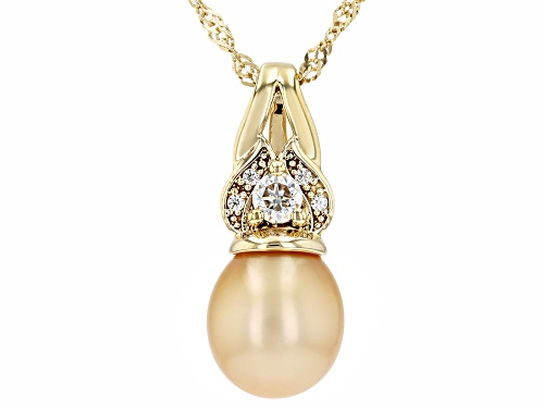 9mm Golden Cultured South Sea Pearl With Moissanite 18K Gold Over Silver Pendant With Chain