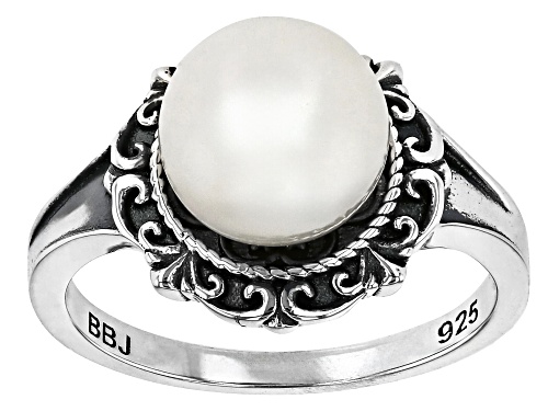 9.5mm White Cultured Freshwater Pearl Oxidized Sterling Silver Ring - Size 12