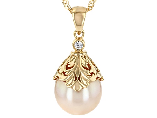 13-15mm Golden Cultured South Sea Pearl With Zircon 18k Yellow Gold Over Silver Pendant With Chain