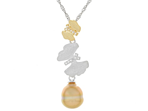 9mm Golden Cultured South Sea Pearl & Topaz Rhodium & 18k Gold Over Sterling Silver Two-Tone Pendant