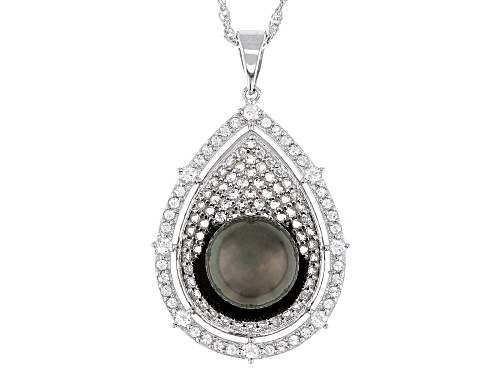 10mm Cultured Tahitian Pearl With White Topaz Rhodium Over Sterling Silver Pendant With Chain