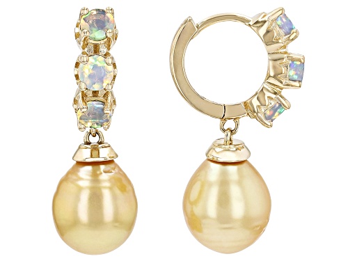 9mm Golden Cultured South Sea Pearl With Ethiopian Opal 18k Gold Over Silver Earrings