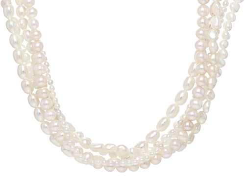 3-7mm White Cultured Freshwater Pearl Rhodium Over Sterling Silver 15.5 Inch Necklace - Size 15.5