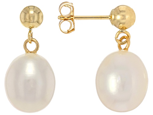 8mm White Cultured Freshwater Pearl 14k Yellow Gold Earrings