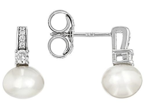 7.5mm White Cultured Freshwater Pearl With White Zircon Rhodium Over Sterling Silver Earrings