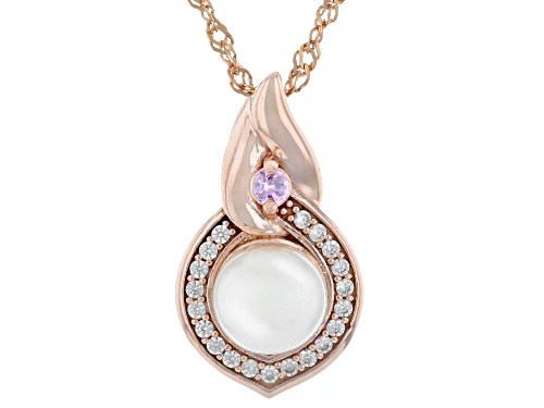 7mm White Cultured Japanese Akoya Pearl With Sapphire & Zircon 18K Rose Gold Over Silver Pendant
