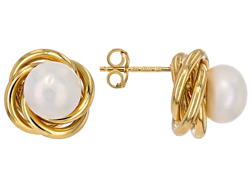 8mm White Cultured Freshwater Pearl 14k Yellow Gold Earrings