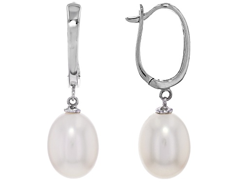 9mm White Cultured Freshwater Pearl Rhodium Over 14k White Gold Earrings