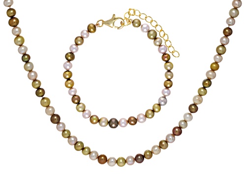 5mm Multi-Color Cultured Freshwater Pearl 14k Yellow Gold Over Silver Necklace And Bracelet Set - Size 18