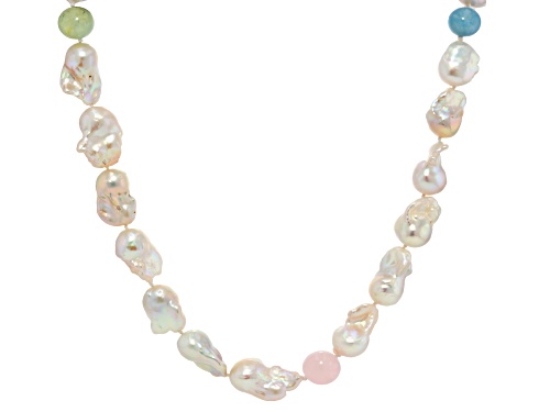 Genusis™ Cultured Freshwater Pearl With Citrine, Smokey & Rose Quartz, Aquamarine, Prehnite Necklace - Size 34