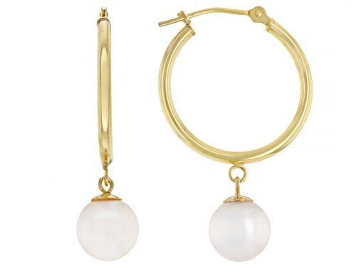 8mm White Cultured Freshwater Pearl 14k Yellow Gold Over Sterling Silver Hoop Earrings