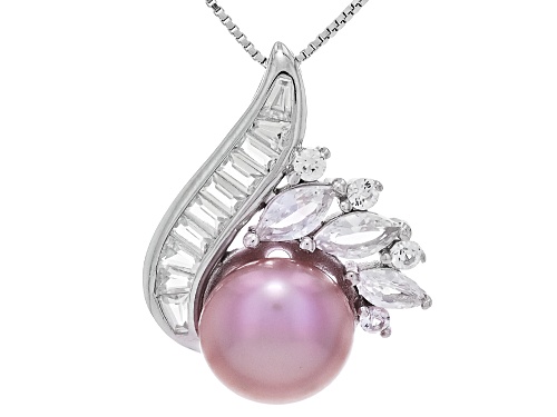 9mm Pink Cultured Freshwater Pearl With Lab Created Sapphire Rhodium Over Silver Pendant With Chain