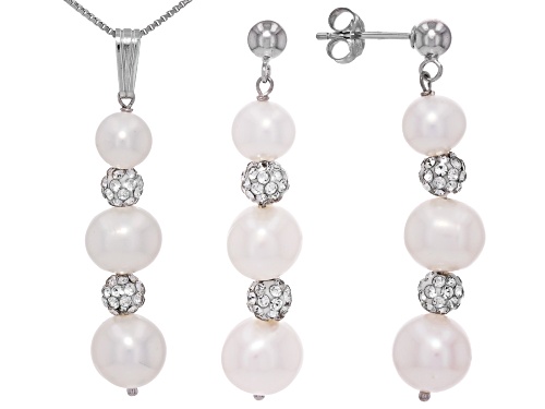 6-8.5mm White Cultured Freshwater Pearl & Crystal Bead Rhodium Over Silver Pendant And Earring Set